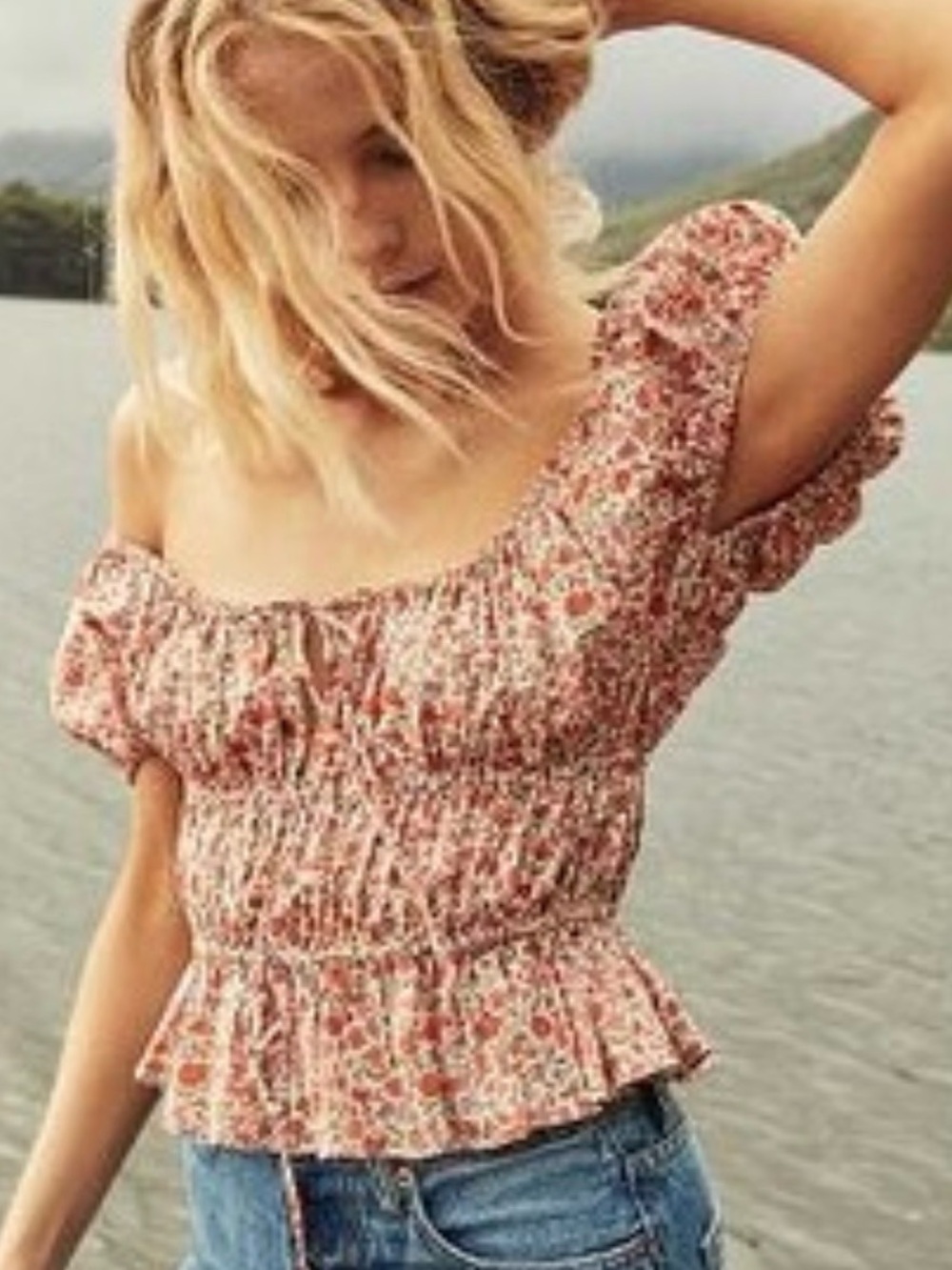 Böhme Floral Puff Sleeve Off-Shoulder Smocked Peplum Top Peasant Cottagecore M